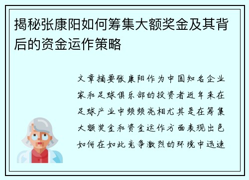 揭秘张康阳如何筹集大额奖金及其背后的资金运作策略